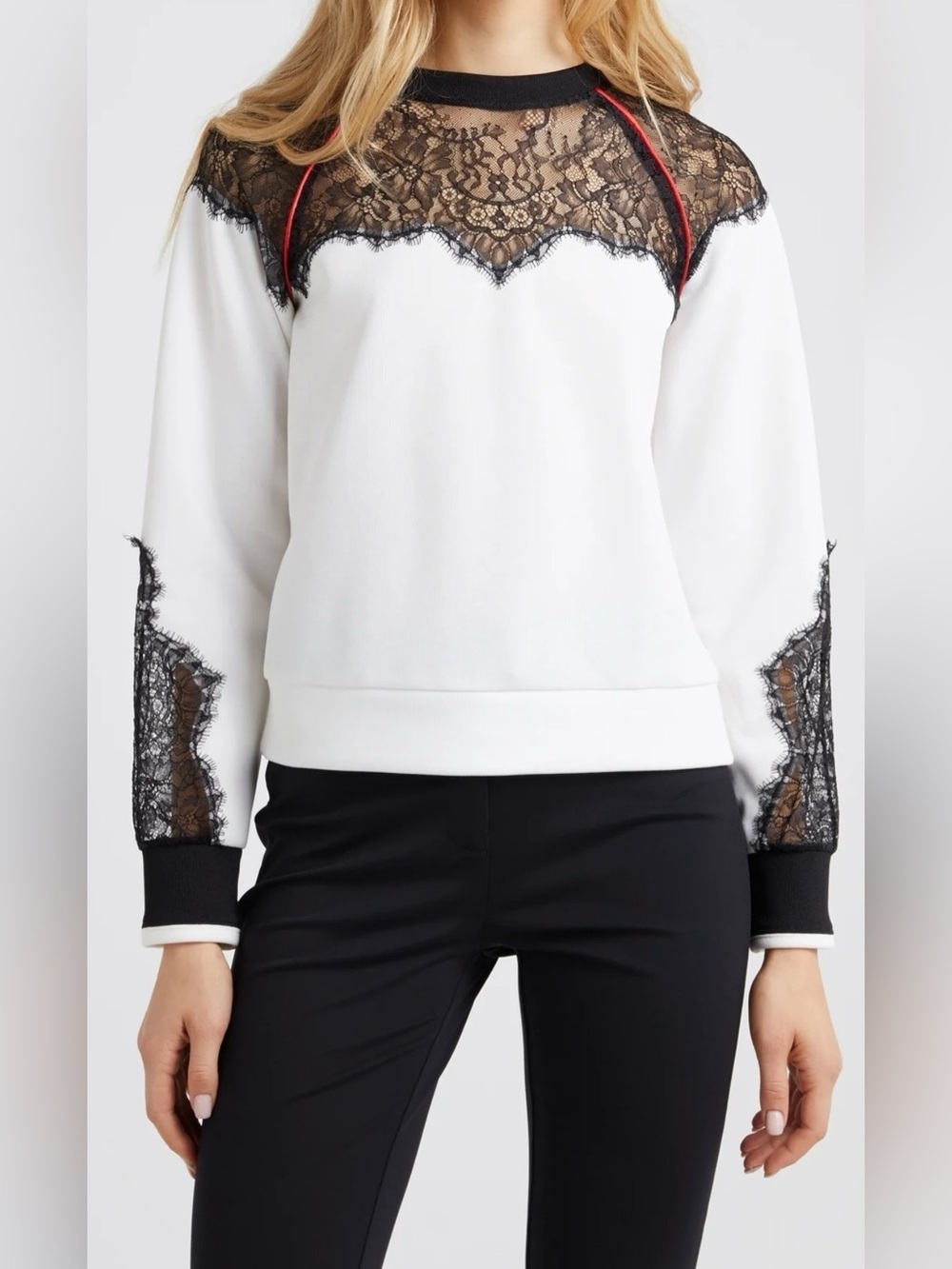PINKO Lace Panel European Chic Sweatshirt Top White Black Red Trim Italy USA 8